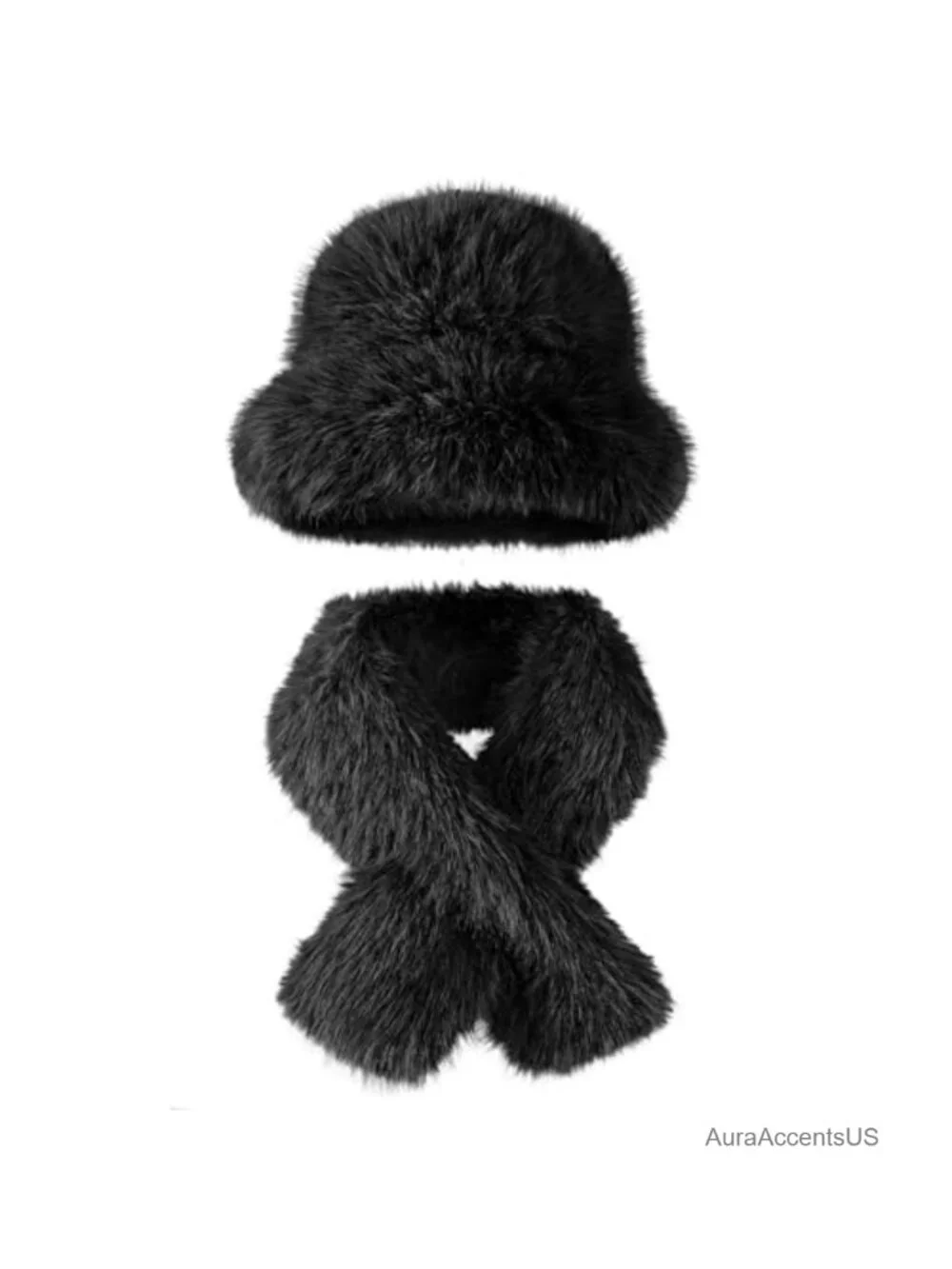 Faux Rabbit Fur Bucket Hat with Collar Scarf Set, Warm Winter Ski Snow Hat for